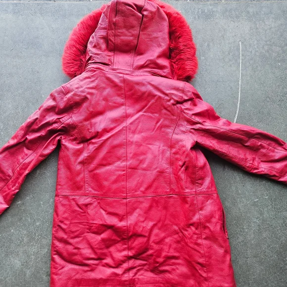Marc Mattis Red Genuine Leather Coat Fur Hood Quilted Lined Women's S - Picture 5 of 5